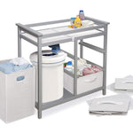 Badger Basket Modern Baby Changing Table - Nursery Furniture with Laundry Hamper and 3 Storage Drawers - Diaper Changing Station with Safety Belt, Changing Pad, and Organizer Baskets - Gray and White