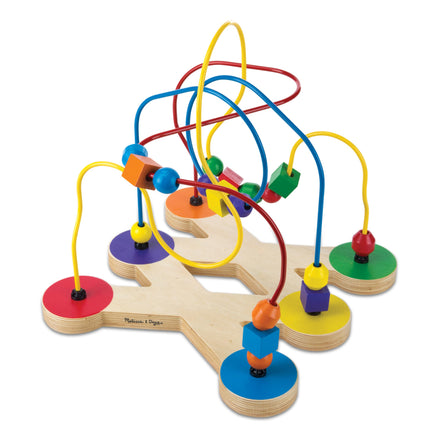 Colorful wooden bead maze toy with colorful beads on a white background