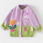 Girls' Floral Embroidered Button-Up Knit Cardigan Sweater, Purple and Green (US, Age, 3 Years, 4 Years, Purple)