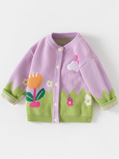 Girls' Floral Embroidered Button-Up Knit Cardigan Sweater, Purple and Green (US, Age, 3 Years, 4 Years, Purple)