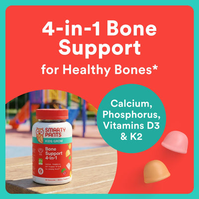 SmartyPants Kids Bone Support 4-in-1 Gummies with Calcium, Vitamin D3, K2 & Phosphorus for Growing Bones, Strawberry Mango, 60 Count (30 Day Supply)