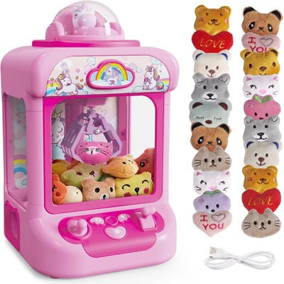 Pink toy claw machine with small stuffed animals and character keychains on a white background
