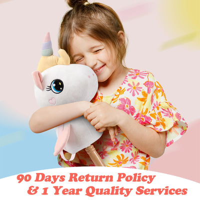 FUNLIO Unicorn Stick Horse for Kids 3+, Rainbow Fairy Hobby Horse with Soft Plush & Wood Wheels, Neighing and Galloping Sound for Pretend Play & Creativity, Horse Toys Gift, CPC & CE Certified - White