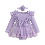 ZAXARRA Infant Baby Girl Romper Dress Baby Dress Romper Flowers Lace Fall Winter Clothes with Headband (Purple, 6-9 Months)
