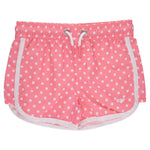 RuffleButts Girls UPF50+ Cover-Up Board Shorts - Bubblegum Pink Micro Dot, 2T