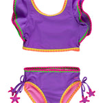 RuffleButts Girls UPF50+ Crochet Detail Butterfly Tankini 2-Piece Swimsuit - Neon Purple, 2T