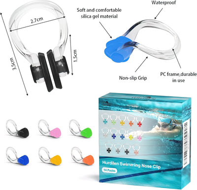 Swimming Nose Clip, 14 Packs Swim Nose Plugs with Waterproof Silica Gel for Kids (Age 7+) and Adults, Multi-Color