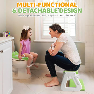 Orzbow Frog Potty Training Seat, Toddler Toilet Seat with Step Stool Ladder, 2-in-1 Potty Training Toilet Essentials for Boys Girls, Adjustable Height, Non-Slip Step and Splash Guard Design, Green