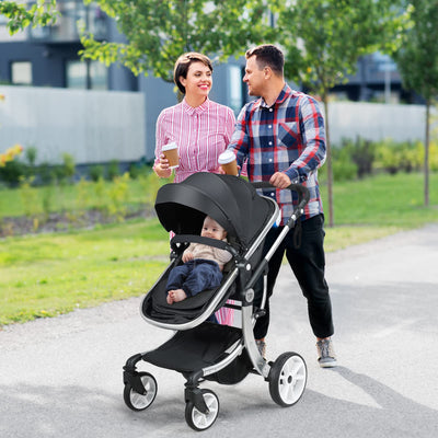 BABY JOY 2-in-1 High Landscape Baby Stroller, Reversible Bassinet Reclining Stroller, Foldable Push Chair w/Adjustable Canopy, Storage Bag, Foot Cover, Rain Cover & Net, Aluminum Alloy Frame (Black)