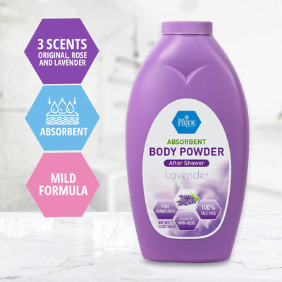 MED PRIDE 100% Talc-Free Cornstarch Shower Powder, Lavender Baby Powder for Odor & Moisture Protection, Paraben-Free, 13oz