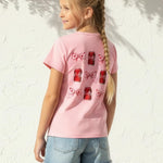 PATPAT Girls T Shirts Size 8-9 Years, Pink Bow Print Graphic Tees Crew Neck Short Sleeve Shirts Kawaii Clothes Big Sister Outfit Dance Tops