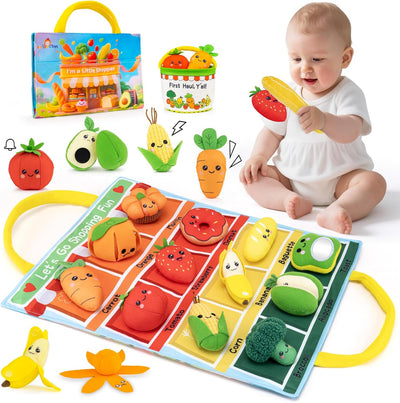 Baby playing with a educational toy set featuring fruits and vegetables, with a child holding a toy.