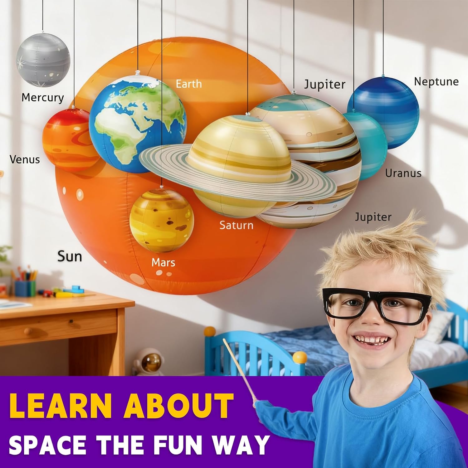 Inflatable Solar System Planets for Kids - 9 Giant Hanging Planets for Science Classroom Ceiling & Boys Room Decor, Space Themed Party Decorations Supplies with Pump, Astronomy Gifts for Ages 6-12