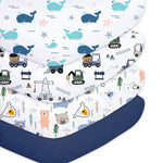 Plushii Crib Sheets for Baby Boys 4 Pack, 28"x 52" Extra Soft Microfiber Crib Sheet Set for Standard Crib & Toddler Mattress Pad, Dinosaur & Elephant & Stars & Navy Blue