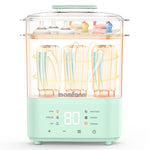 Mint green baby bottle sterilizer with clear top displaying bottles inside on a white background