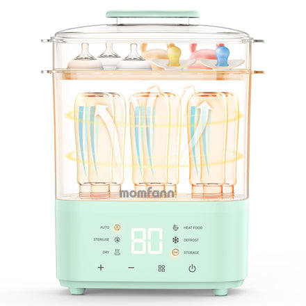 Mint green baby bottle sterilizer with clear top displaying bottles inside on a white background