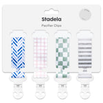 Baby Pacifier Clip Holder - Girl or Boy Unisex 4 Pack Gift Set – Neutral Modern Checker Stripes Gingham Plaid Herringbone Chevron Blue Green Gray Beige