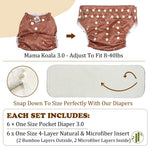 Mama Koala 3.0 Pocket Cloth Diapers for Babies with AWJ Lining, 6 Pack with 6 4-Layer Natural Cloth Diaper Inserts - Reusable and Washable Pocket Diapers(Neutral Leave)