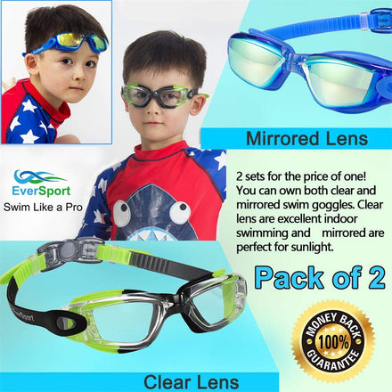 EverSport Kids Swim Goggles, Pack of 2 Swimming Goggles for Children Teens, Portable Anti-Fog Anti-UV Youth Swim Glasses Leak Proof for Age4-16,
