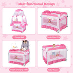 BABY JOY 4 in 1 Pack and Play with Canopy, Portable Baby Playard with Bassinet, Double-Layer Baby Crib, Wheels & Brake, Foldable Baby Girl Pink Princess Bassinet from Newborn to Toddler