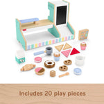 Fisher-Price Wood Pretend Play Coffee Shop & Toy Register, 20-Piece Wooden Food Playset for Preschool Kids Ages 3+ Years