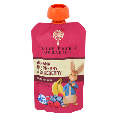 Peter Rabbit Organics fruit puree pouch with banana, raspberry, and blueberry flavor on a white background