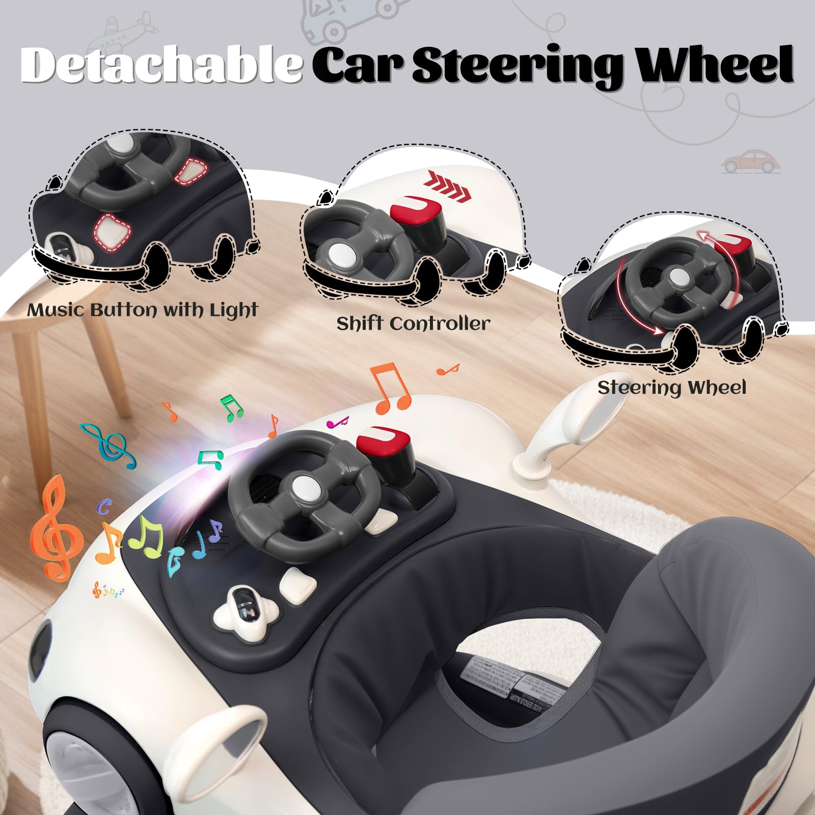 Baby Walker, 4-in-1 Baby Walker with Wheels Portable, Foldable Infant Toddler Walker for Boys Girls 6-18 Month,Removable Footrest,Car Steering Wheel & Music, Adjustable Push Walker Black