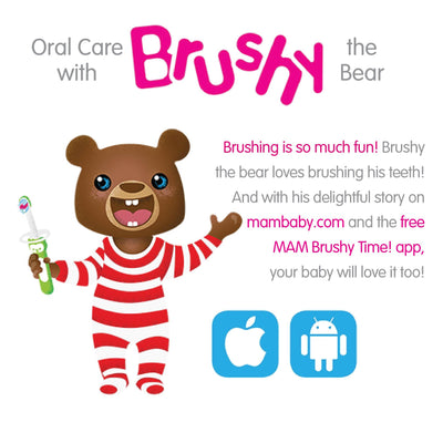 MAM Baby Toothbrushes (2 Baby's Brushes and 1 Safety Shield), Toothbrushes with Brushy The Bear Character, Interactive App, for Girls 6+ Months, Pink