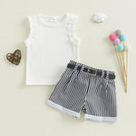 FOCUSNORM Toddler Baby Girl Summer Clothes Solid Sleeveless Ruffle Tank Top and Striped Short Set Newborn Infant Girl Outfits (Stripe White, 2-3T)