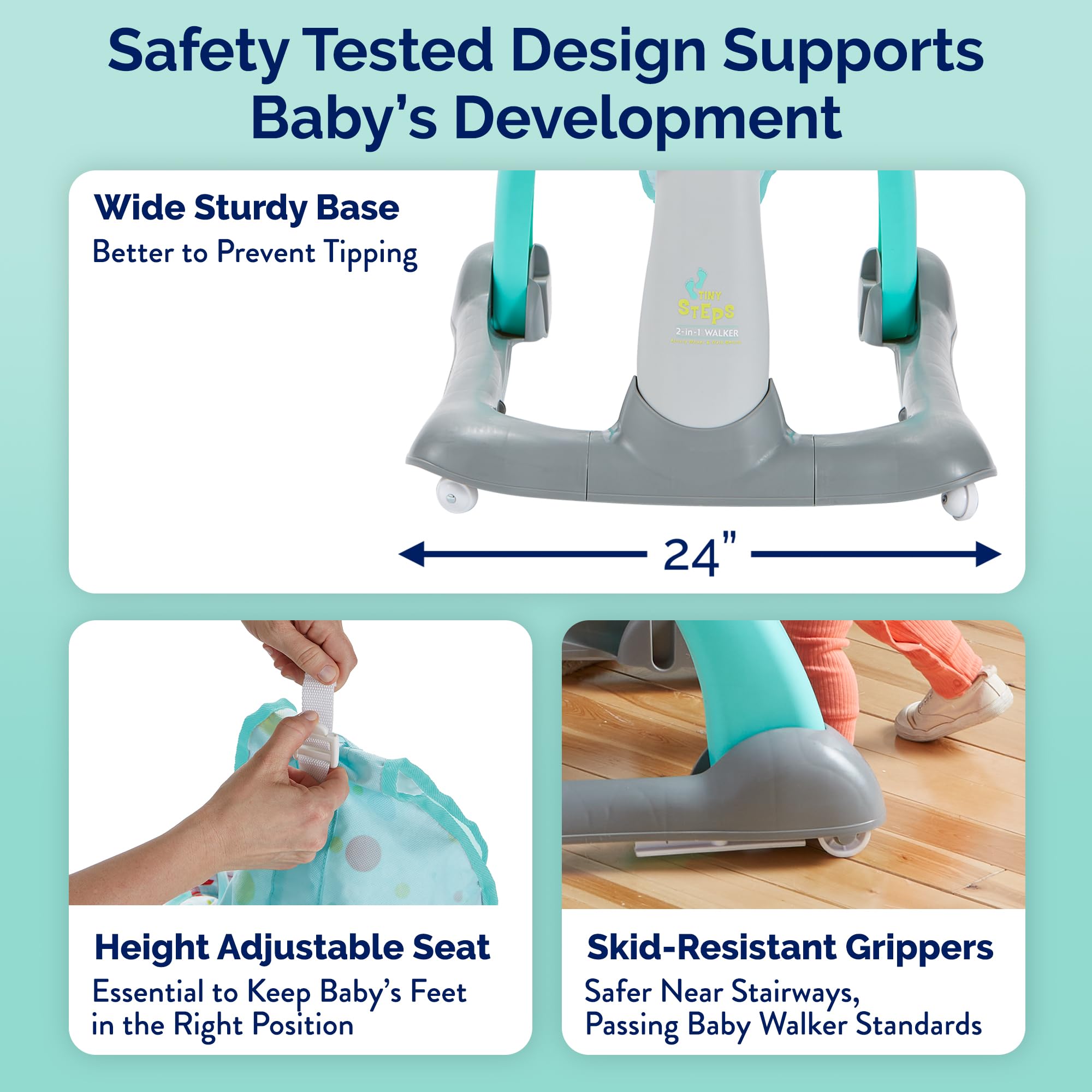 Kolcraft Tiny Steps 2 in 1 Foldable Infant and Baby Walker with Wheels, Seated or Walk Behind Activity Center, Entertaining Developmental Activities for Boys and Girls, Wide Base Sturdy Frame, Bubbles