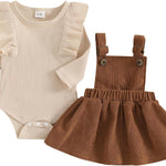 Newborn Baby Girl Outfits Ruffle Long Sleeve Ribbed Romper Corduroy Suspender Skirt Overall Dress Fall Clothes