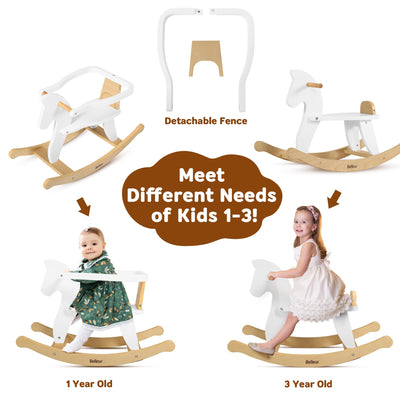 Belleur Rocking Horse for Kids 1-3 Years Old, Wooden Rocking Toy for Toddlers with Removable Fence for Indoor & Outdoor Activities, Baby Horse Riding Toy for Birthday & Visit Gifts