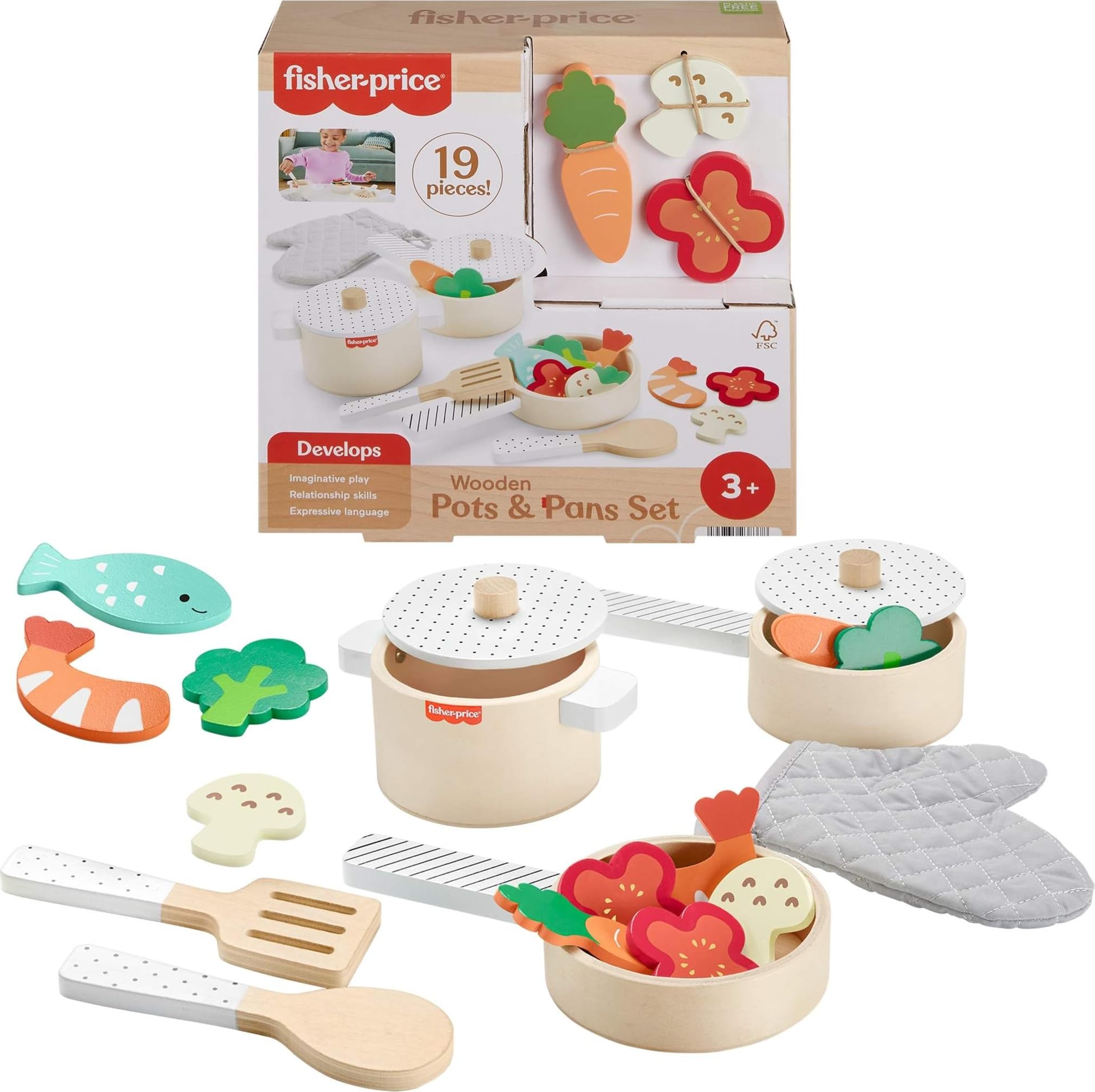 Fisher-Price Wood Kitchen Pretend Play Toy Pots & - Pretend Play ...