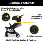Jeep Altitude Compact Travel Stroller by Delta Children Greenguard Gold, Easy One Hand Fold, Lightweight, Extendable Canopy with Peek-a-Boo Window, Reclining Seat, 4 Wheel Suspension, Black