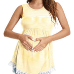 Xpenyo Womens Maternity Tank Top Sleeveless Lace Crochet Trim Peplum Cami Shirts Yellow Pinstripe 2XL