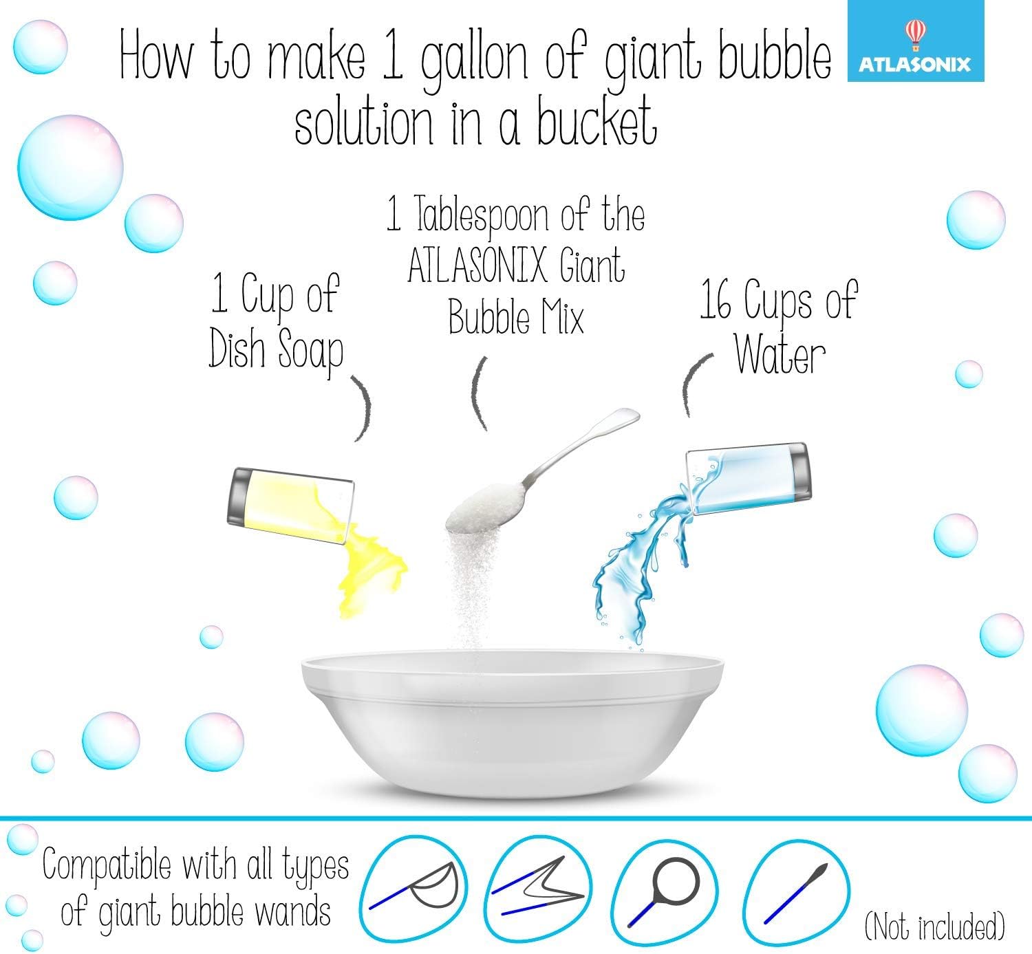 Bubbles for Kids – Giant Bubble Wand & Powder Mix | Makes 896 oz (7 Gallons) of Bubble Solution | Bubble Refill for Big Bubbles, Bubble Machine, Outdoor Fun | Non-Toxic & Long-Lasting