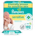 Pampers sensitive wipes packaging with a baby image on a white background