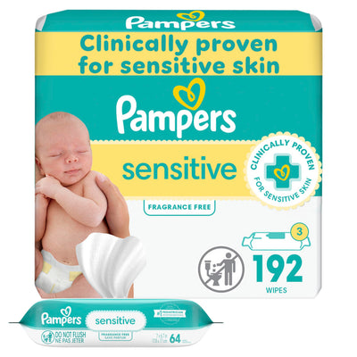 Pampers sensitive wipes packaging with a baby image on a white background