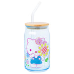 Silver Buffalo Sanrio Hello Kitty Spring Garden Flowers Blue Glass Jar Tumbler with Bamboo Lid and Glass Straw, 16 Ounces