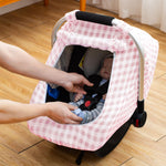 Muslin Car Seat Cover Baby, Breathable Infant Car Seat Cover with 2-Layers Window, Lightweight Car Seat Sun Shade Cover for Summer, Universal Carseat Canopy for Newborn Shower Gift (Pink)