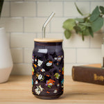 Silver Buffalo Sanrio Hello Kitty & Friends Halloween Kuromi, My Melody, Cinnamoroll, Chococat, Pompompurin, Keroppi, Tuxedo Sam, Badtz-Maru Glass Jar Tumbler w Bamboo Lid and Glass Straw, 16 Ounces