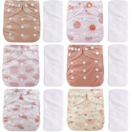 Set of baby cloth diapers with various patterns on a white background