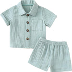 Baby Boys Clothes Set Toddler Infant Boys Button-down Shirt Tops + Cotton Gauze Shorts Summer Outfit 2PCS with Pockets