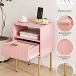 Masupu Nightstand with Charging Station,Mid-Century Modern Bedside Table with Storage Drawer and Open Wood Shelf,Small Gold Frame Side Table for Bedroom,Living Room (Pink)
