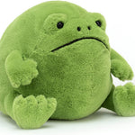Green plush toy frog on a white background