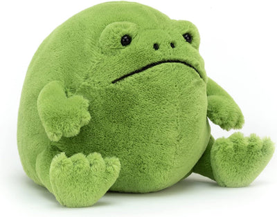 Green plush toy frog on a white background