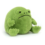 Green plush frog toy on a white background