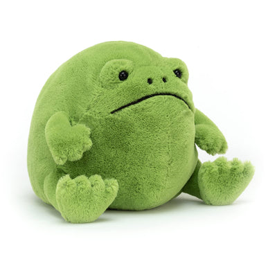 Green plush frog toy on a white background