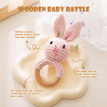 Wooden Baby Rattle，Crochet Bunny Rattle with Wood Ring, Newborn Wooden Animal Rattle Toy，Infant Pink Bunny Wood Rattle Toys