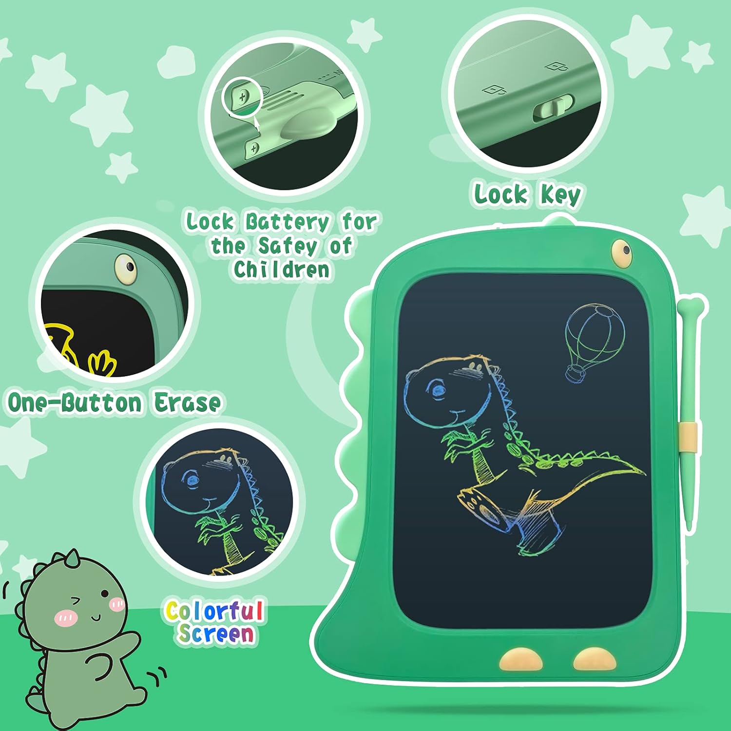 ORSEN 8.5 Inch LCD Doodle Board Tablet Toy - Green Dinosaur Drawing Pad for Kids 2-6 Years Old - Christmas and Birthday Gifts